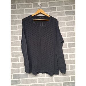 prAna Women Sweater  Navy Organic Cotton Open Knit Ribbed Hem Pullover Sz MEDIUM